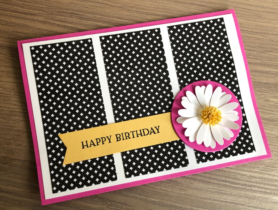 Handmade Happy Birthday card - pink with white daisy with quilled centre