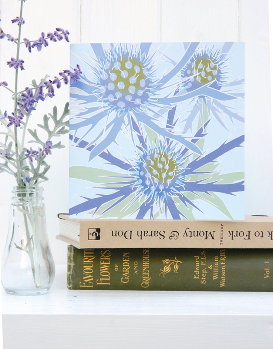 Blue Eryngium card - flower, thistle, for gardeners