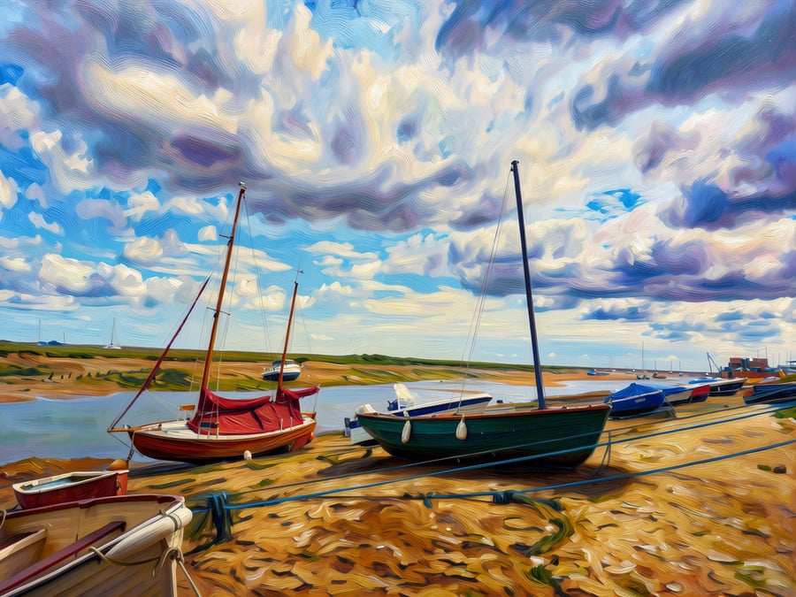A4 Print Wells-Next-The-Sea North Norfolk Boats on Shore 