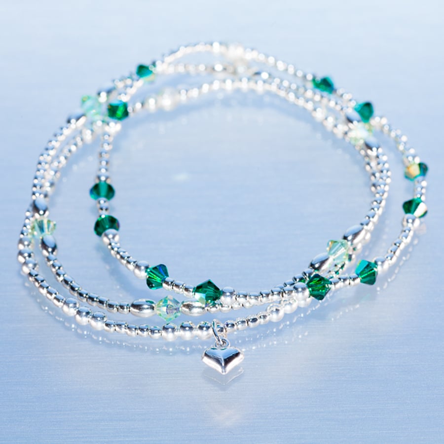 Stacking bracelets sterling silver with green swarovski beads