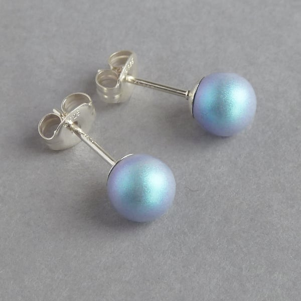 6mm Iridescent Light Blue Stud Earrings - Small Pale Blue Pearl Stud Earrings