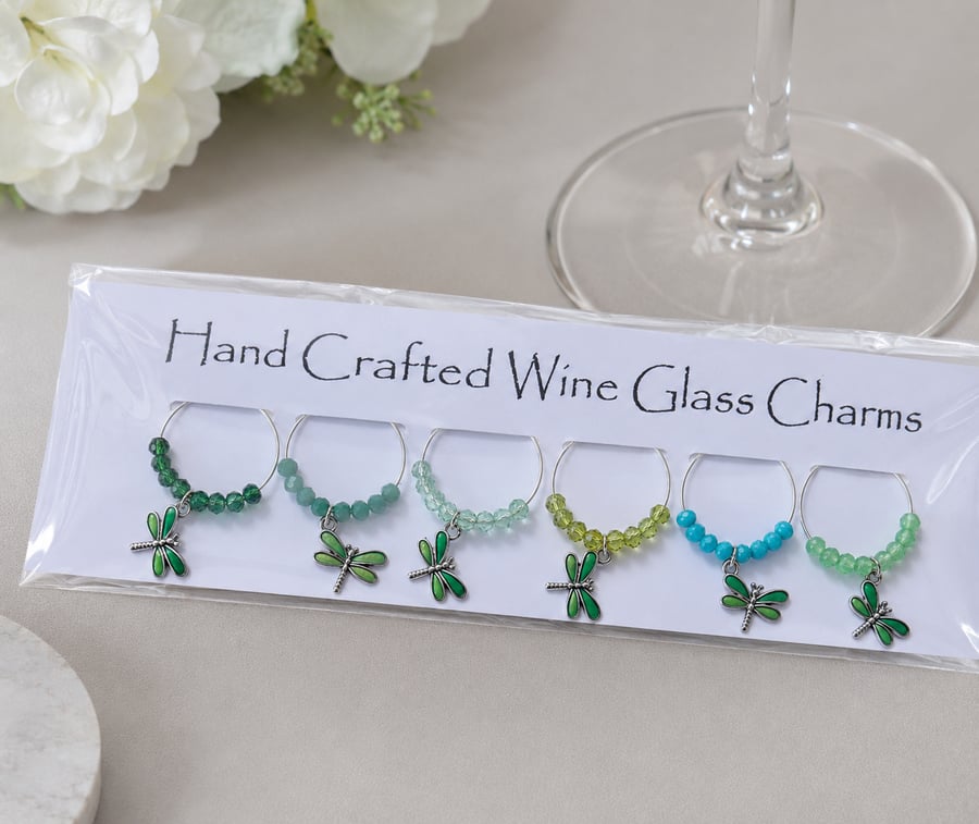 Handmade Dragonfly Wine Glass Charms – Set of 6