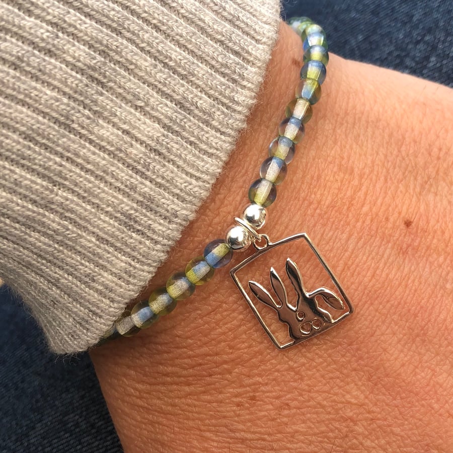 Czech glass beaded bracelet with rabbit charm