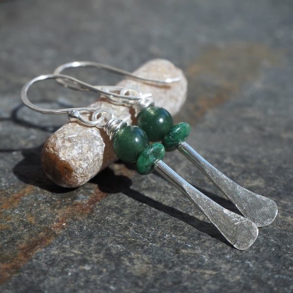 silver earrings, rod earrings, bead earrings, green jade, eco silver, Argentium