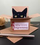 Custom Cat New Home Card. Personalised cat in a box gift card for cat lovers