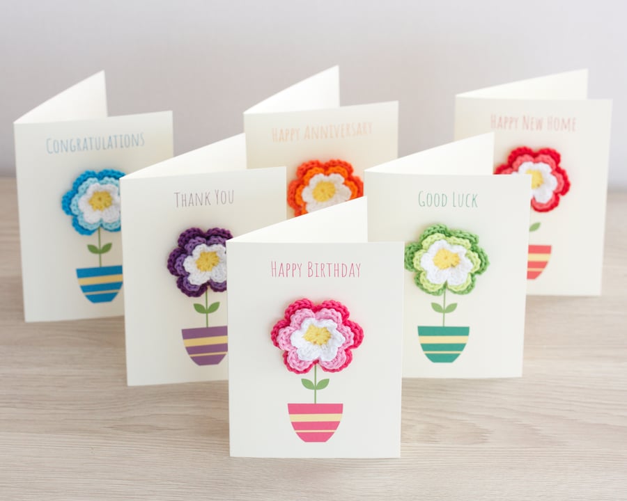 Custom Greetings Cards - Handmade Crochet Flowers - Choice of Colours