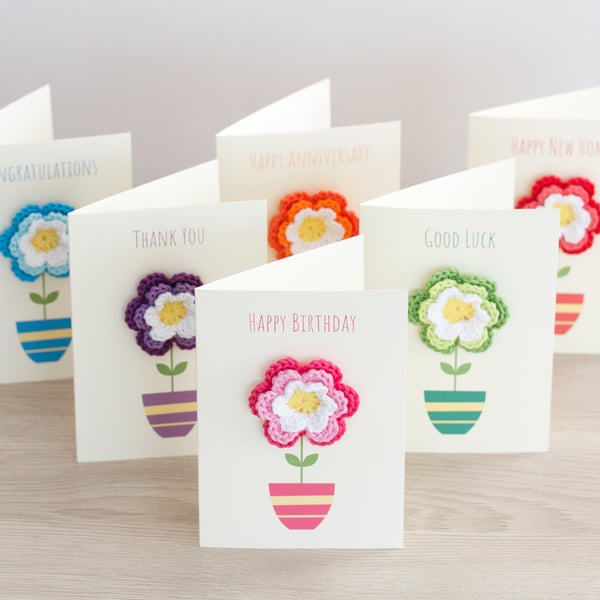 Custom Greetings Cards - Handmade Crochet Flowers - Choice of Colours
