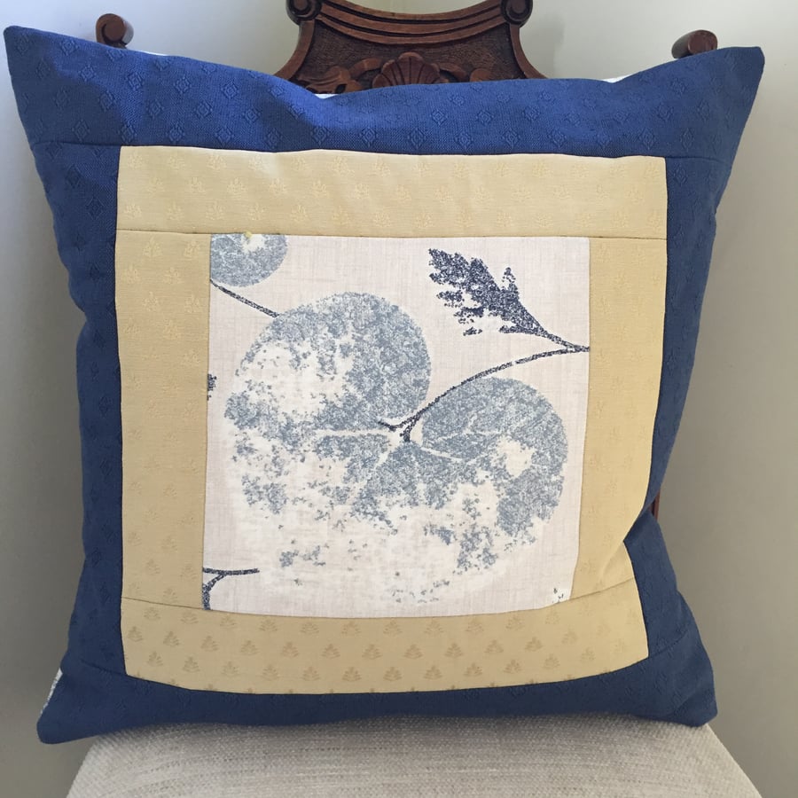 Blue and Gold Furnishing Fabric Square Cushion with Borders