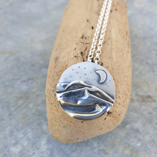 Silver sea coast mountain pendant, with moon and stars