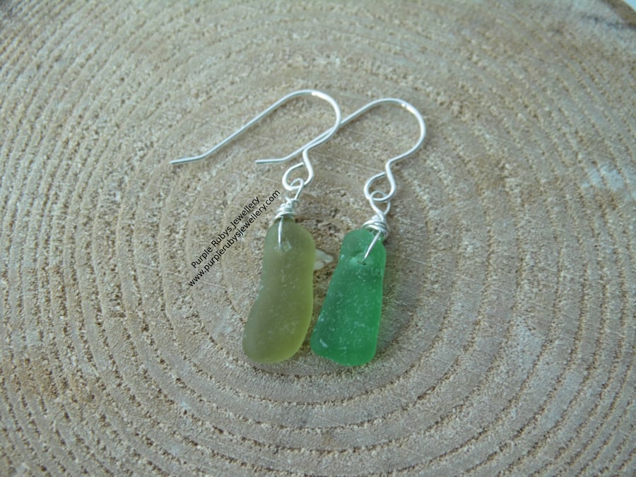 Mismatched Lime & Bottle Green Cornish Sea Glass Earrings, Sterling Silver E591