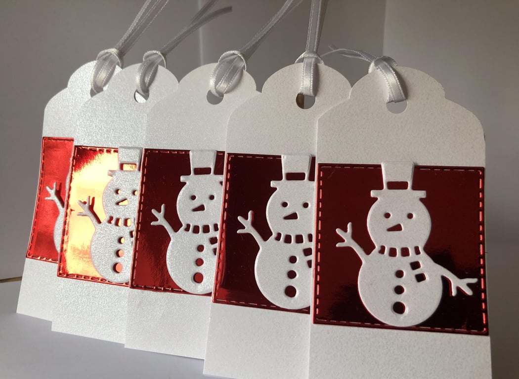 Handmade Snowman Christmas Gift Tags, Red Mirror Card, Set of 5
