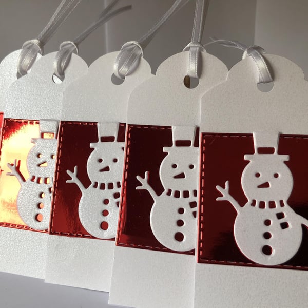 Handmade Snowman Christmas Gift Tags, Red Mirror Card, Set of 5