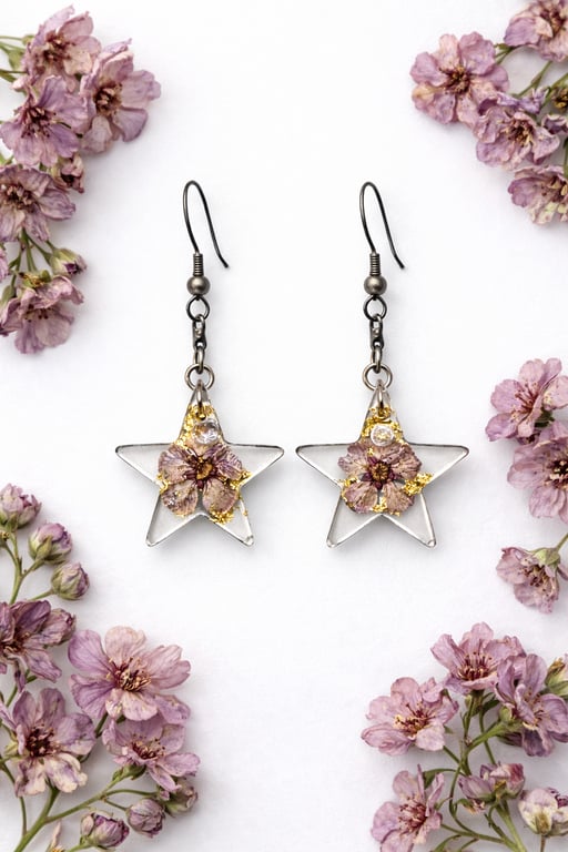 Small Purple Flower Star Resin Earrings with Gold Leaf – Celestial Dangle