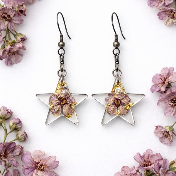 Small Purple Flower Star Resin Earrings with Gold Leaf – Celestial Dangle
