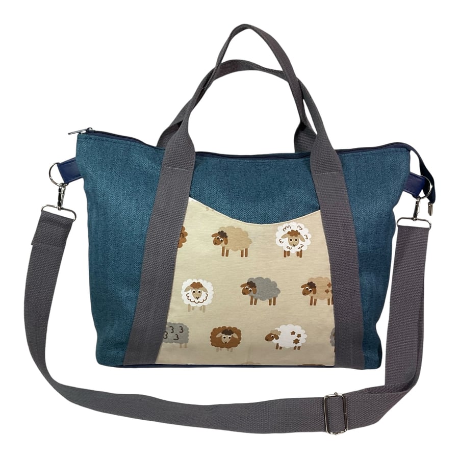 Knitting and crafting tote bag with zip top, large sheep crossbody organiser