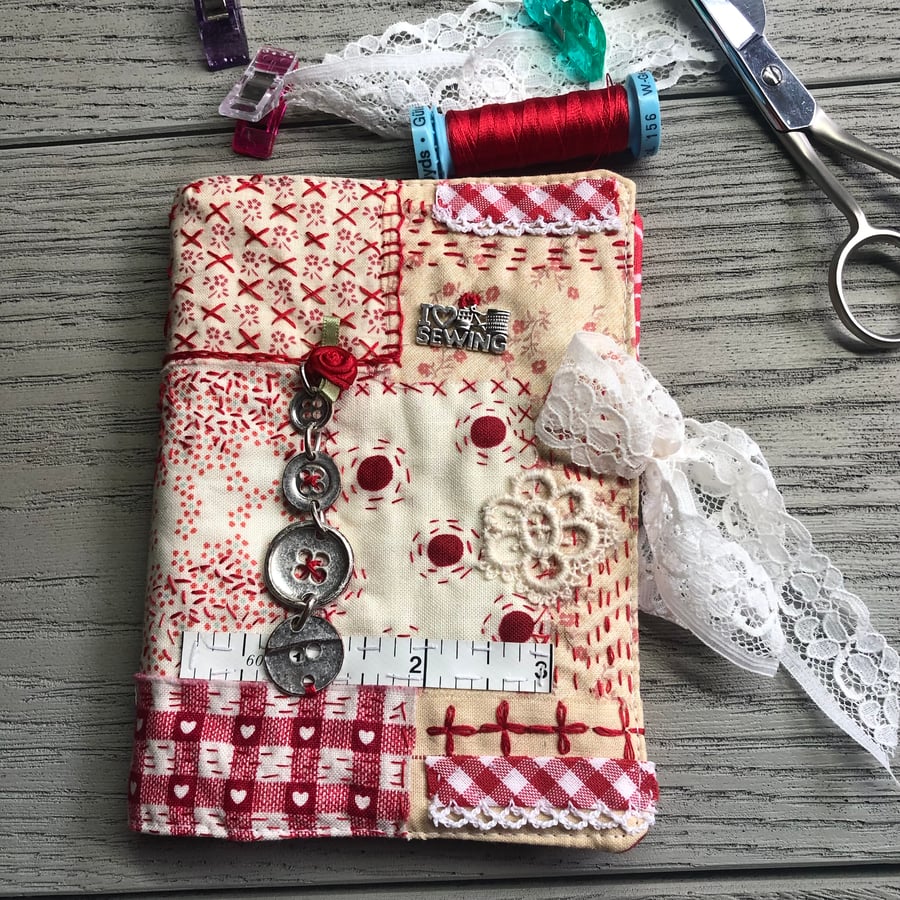 Red & Cream Fabric Hand Stitched Needle Case.