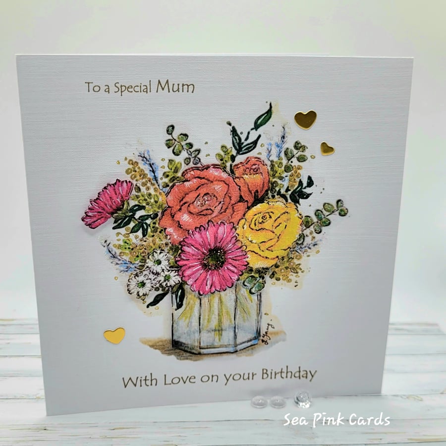 Birthday Card Mum - Jar of flowers, roses, gerbera, handcrafted, 3D card