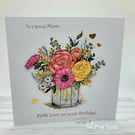 Birthday Card Mum - Jar of flowers, roses, gerbera, handcrafted, 3D card