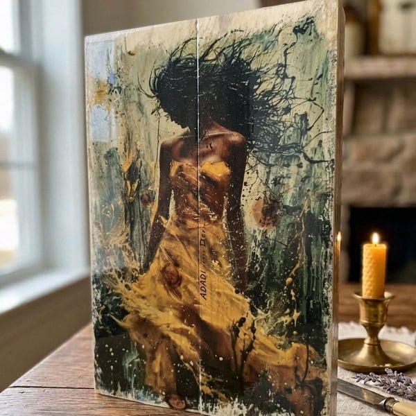 Gothic Romance Art, Running Woman, Movement Wood Block, Photo Transfer Art