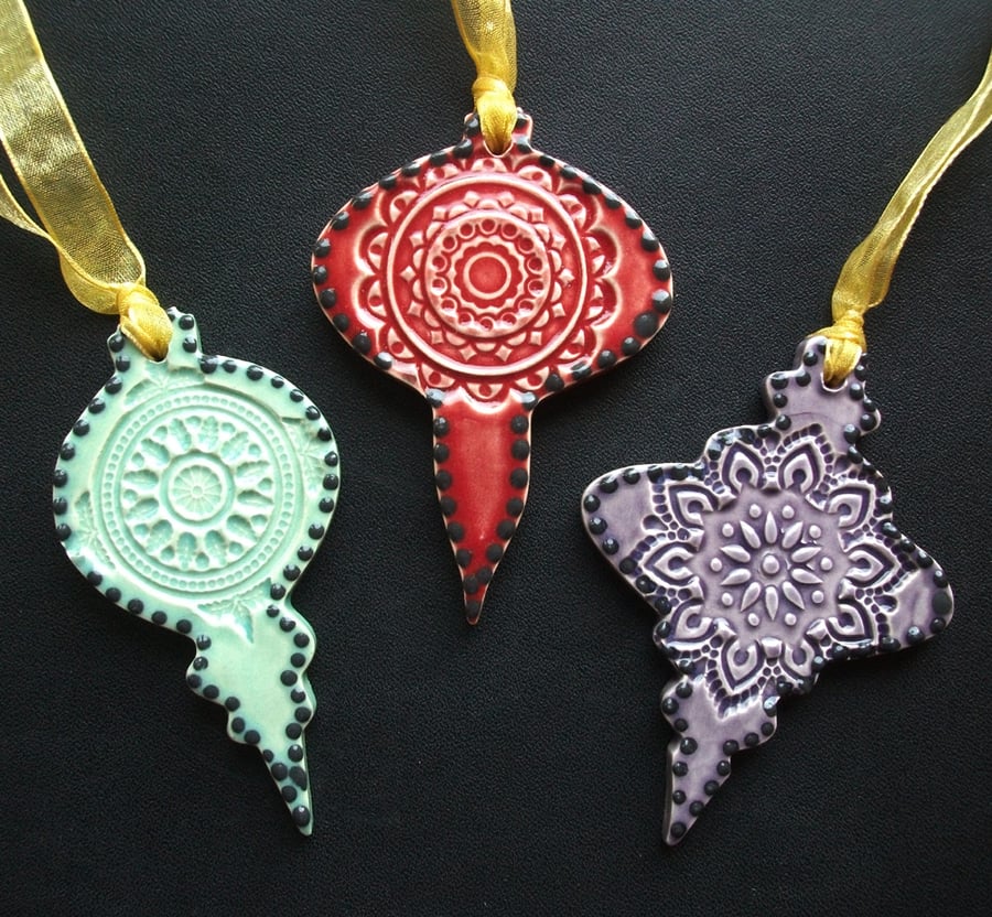 Bejewelled Baubles ceramic Christmas decorations set of three