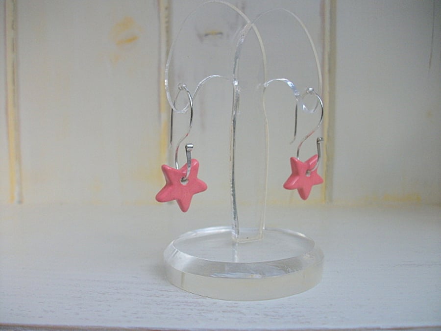 Ceramic Coral  Pink Star Dangle Earrings - Sterling Silver