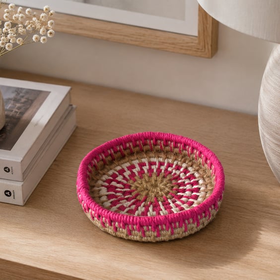 Pink & Jute Macrame Coiled Basket Small Storage Catch All Basket
