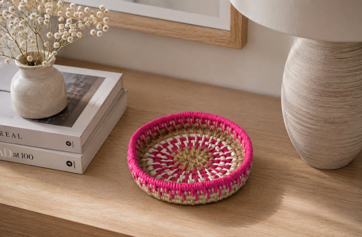Pink & Jute Macrame Coiled Basket Small Storage Catch All Basket