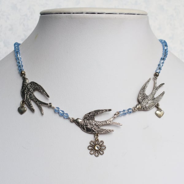 Swallows Necklace with Blue Glass Beads and Tiny Hearts