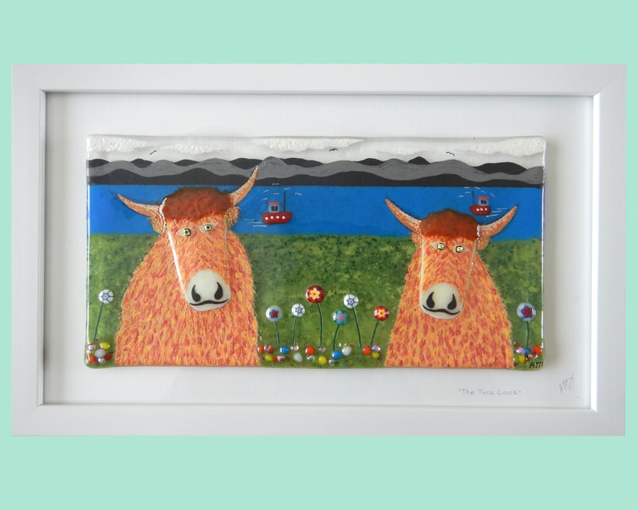Handmade Fused Glass 'The Twa Coos' Picture