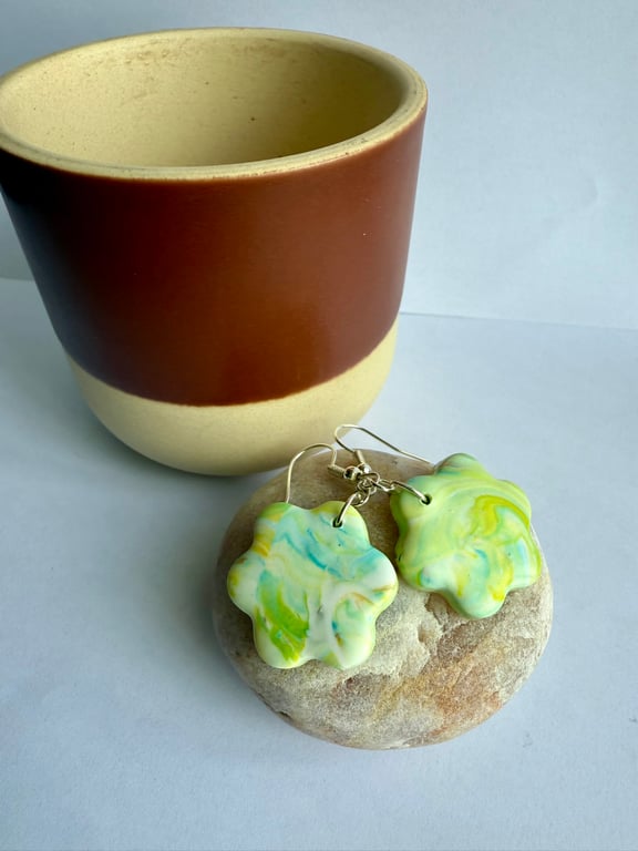 Green Flower Shape Polymer Clay Drop Earrings