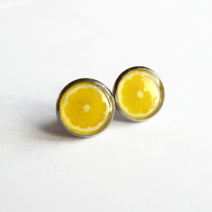 Lemon Fruit Slice Resin Stud Earrings - Surgical Steel - Hypoallergenic