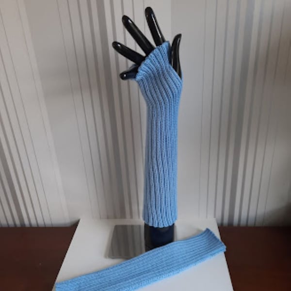 Pale blue elbow length fingerless gloves in 100% merino wool