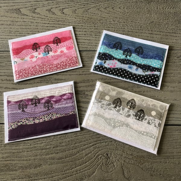 Set of 4 fabric Country Scene Postcards