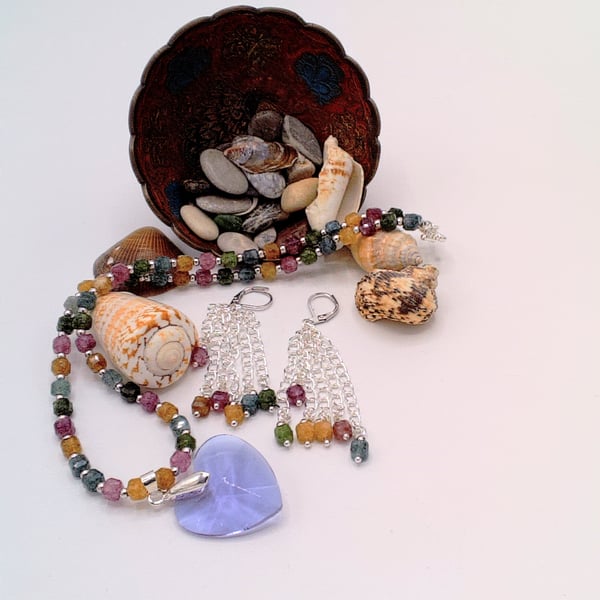 Tourmaline Cubes & Silver Spacers Necklace with Lilac Crystal Pendant & Earrings