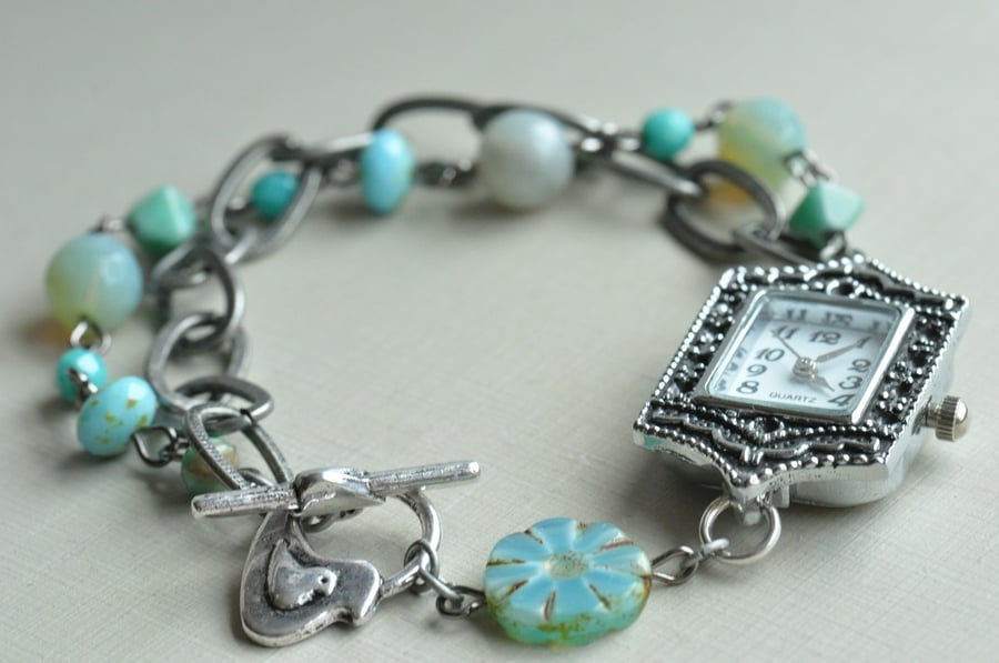 Ice Storm Czech Glass & Antique Silver Chain Beaded Watch