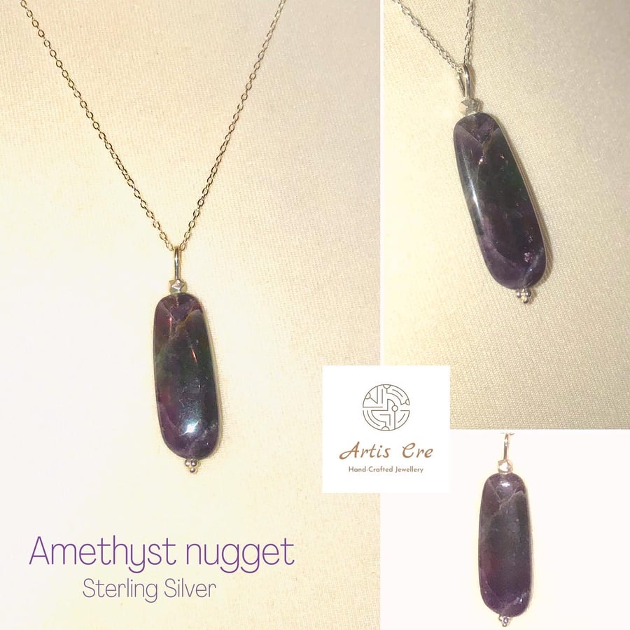 Large natural Amethyst Nugget pendant Sterling Silver 20” trace chain