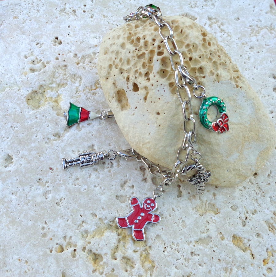 Christmas bracelet silver plated chain with enamelled clip-on charms Tree