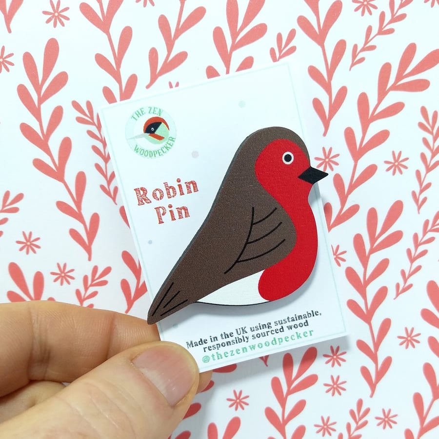 Robin Pin Badge, Wooden Bird Brooch, Garden Birds, British Birds