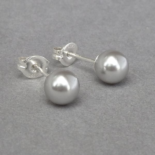 6mm Light Grey Glass Pearl Studs - Pale Silver Stud Earrings for Bridesmaids