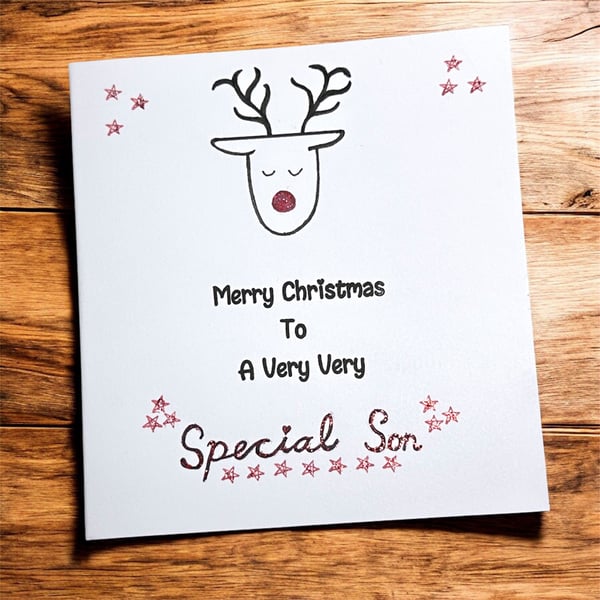 Special son Christmas card, Rudolph red nose, glitter, minimalist modern card