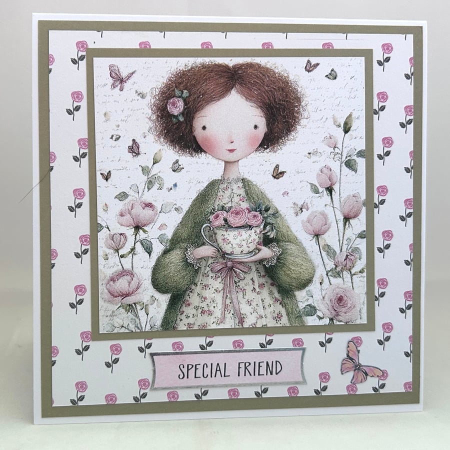 Girl with roses Special Friend card
