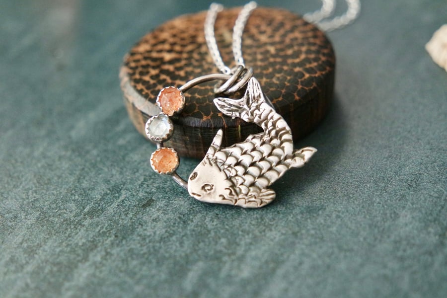 "Koi" Silver Necklace, Fine and Sterling Silver Sunstones Topaz