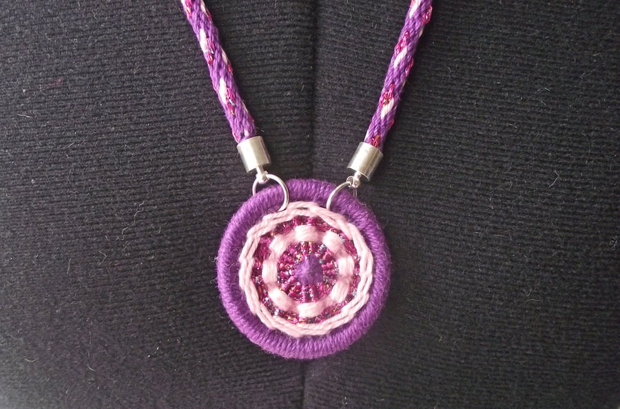Necklace, Dorset Button & Kumihimo Braid, Pink, Purple and Sparkly Thread