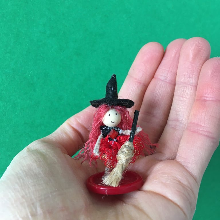Tiny Red Witch Doll Button Ornament, Miniature Decoration, Witch Core
