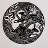 Running Hares, linocut print.