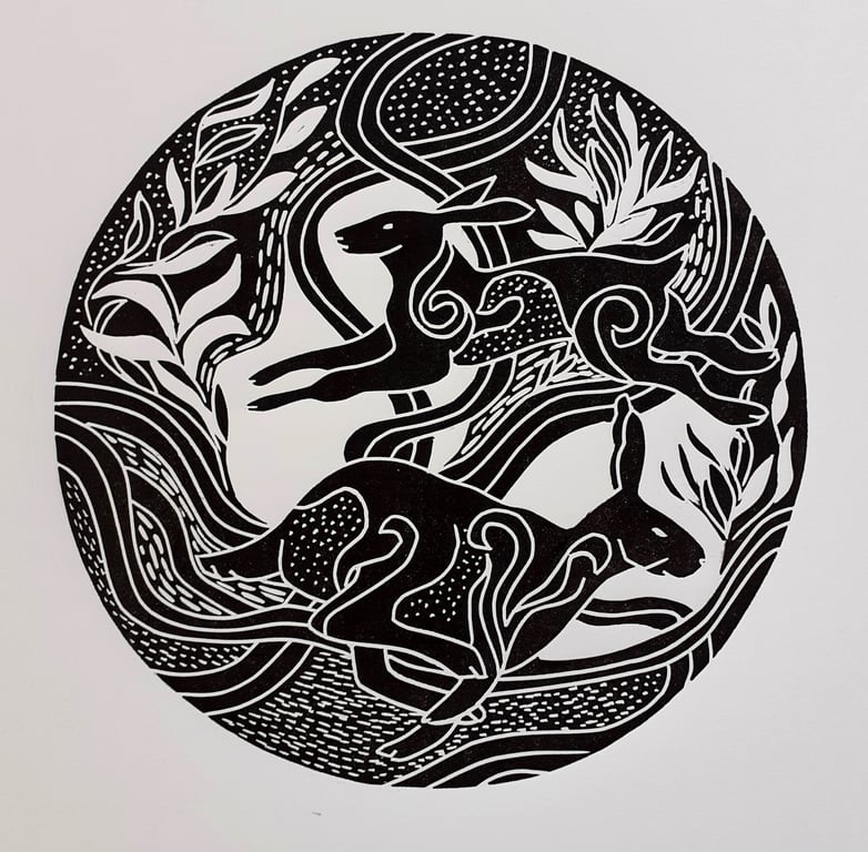 Running Hares, linocut print.