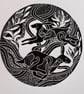Running Hares, linocut print.