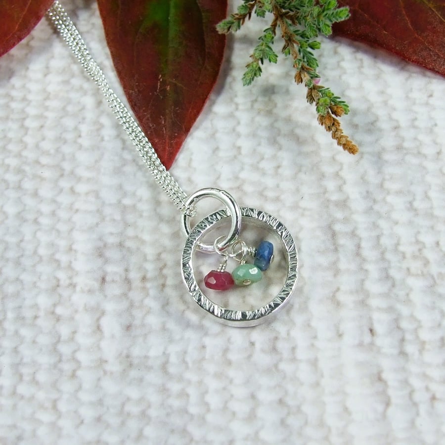 Silver Circle Necklace with Sapphire, Emerald and Ruby Gemstones