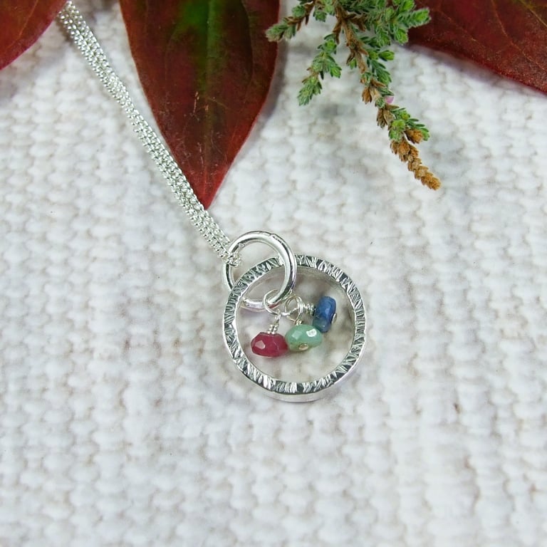Silver Circle Necklace with Sapphire, Emerald and Ruby Gemstones