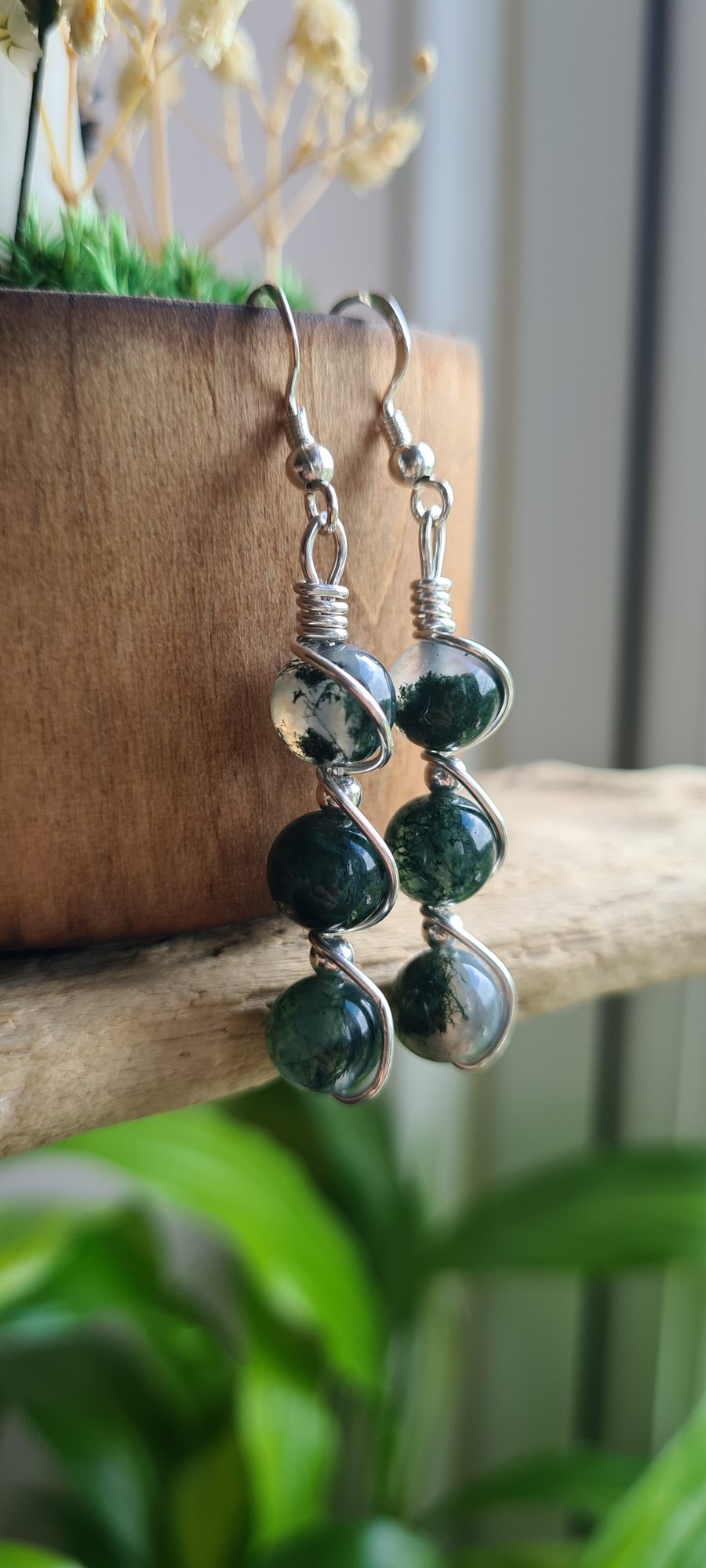 Handmade Natural Moss Agate & 925 Sterling Silver Drop Dangle Earrings Gift Box